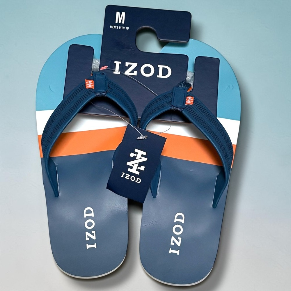 IZOD Mens Flip Flop Sandals Blue Orange White‎ Colorblock Mesh Strap Size M 9-10
